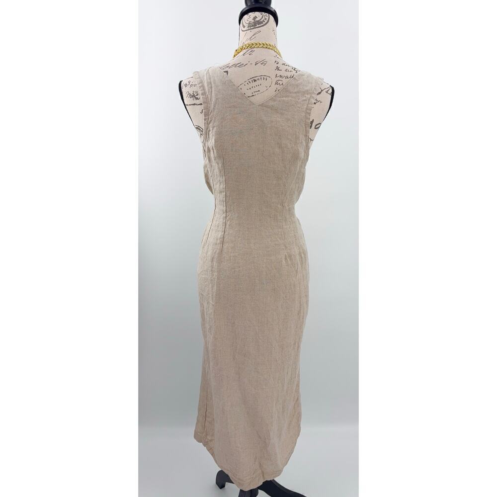 B51 Posse Linen Midi Dress S Belted Wrap Style Vacation Neutral Brunch Everyday - Picture 3 of 9